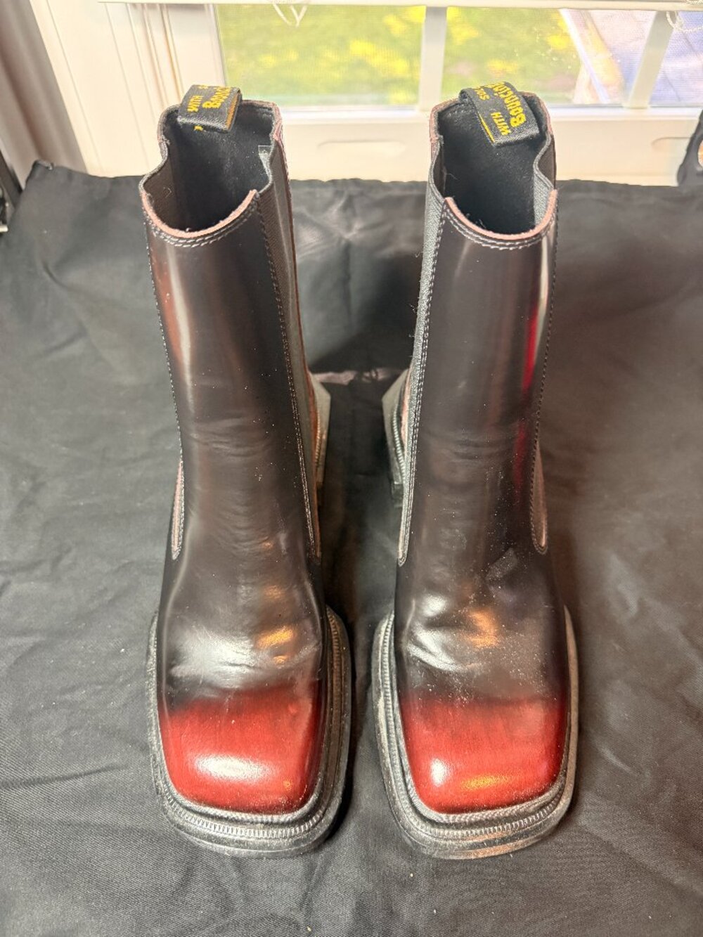 Dr. Martens Maybole Square Toe Chelsea Boots in black and cherry red
